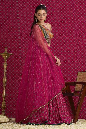 Buy Aayushi Maniar Pink Silk One Shoulder Tara Lehenga And Blouse Set Online at Aza Fashions Buy_Aayushi Maniar_Pink Silk One Shoulder Tara Lehenga And Blouse Set _Online_at_Aza_Fashions