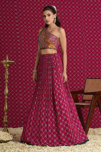 Shop Aayushi Maniar Pink Silk One Shoulder Tara Lehenga And Blouse Set Online at Aza Fashions Shop_Aayushi Maniar_Pink Silk One Shoulder Tara Lehenga And Blouse Set _Online_at_Aza_Fashions