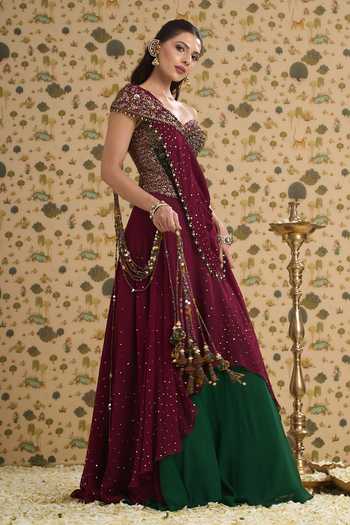 Shop Aayushi Maniar Maroon Silk, Georgette Embroidery, Sequins, Beads, Latika Corset Lehenga Set Online at Aza Fashions Shop_Aayushi Maniar_Maroon Silk, Georgette Embroidery, Sequins, Beads, Latika Corset Lehenga Set _Online_at_Aza_Fashions