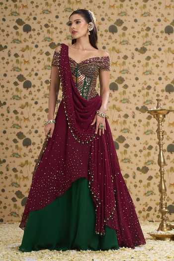 Aayushi Maniar Maroon Silk, Georgette Embroidery, Sequins, Beads, Latika Corset Lehenga Set at Aza Fashions Aayushi Maniar_Maroon Silk, Georgette Embroidery, Sequins, Beads, Latika Corset Lehenga Set _at_Aza_Fashions