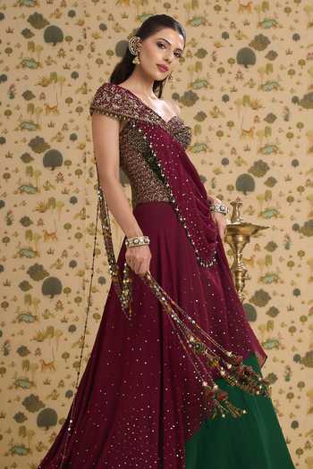 Shop Aayushi Maniar Maroon Silk, Georgette Embroidery, Sequins, Beads, Latika Corset Lehenga Set Shop_Aayushi Maniar_Maroon Silk, Georgette Embroidery, Sequins, Beads, Latika Corset Lehenga Set