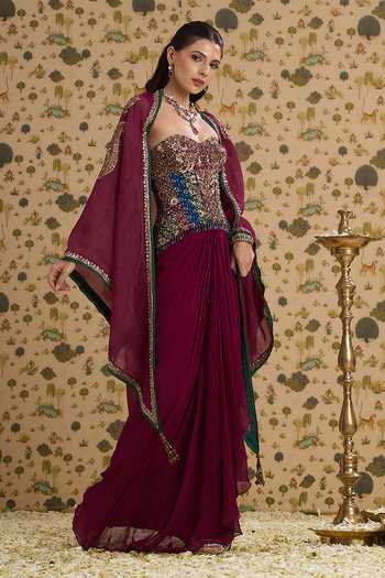 Shop Aayushi Maniar Red Organza, Silk, Georgette Sweetheart Neck Manjari Cape Skirt Set Online at Aza Fashions Shop_Aayushi Maniar_Red Organza, Silk, Georgette Sweetheart Neck Manjari Cape Skirt Set _Online_at_Aza_Fashions