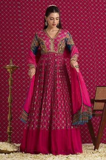 Shop Aayushi Maniar Pink Organza, Silk V-neck Vatika Anarkali With Dupatta Online at Aza Fashions Shop_Aayushi Maniar_Pink Organza, Silk V-neck Vatika Anarkali With Dupatta _Online_at_Aza_Fashions