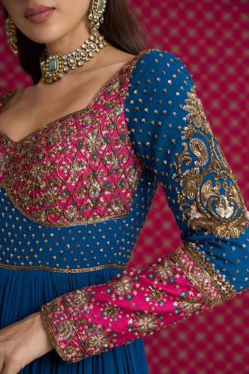 Aayushi Maniar Blue Silk, Organza, Georgette Sweetheart Neck Vasanti Anarkali Jacket Set Online at Aza Fashions Aayushi Maniar_Blue Silk, Organza, Georgette Sweetheart Neck Vasanti Anarkali Jacket Set _Online_at_Aza_Fashions
