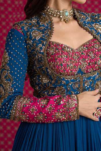 Buy Aayushi Maniar Blue Silk, Organza, Georgette Sweetheart Neck Vasanti Anarkali Jacket Set Online at Aza Fashions Buy_Aayushi Maniar_Blue Silk, Organza, Georgette Sweetheart Neck Vasanti Anarkali Jacket Set _Online_at_Aza_Fashions