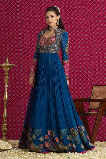 Shop Aayushi Maniar Blue Silk, Organza, Georgette Sweetheart Neck Vasanti Anarkali Jacket Set Online at Aza Fashions Shop_Aayushi Maniar_Blue Silk, Organza, Georgette Sweetheart Neck Vasanti Anarkali Jacket Set _Online_at_Aza_Fashions