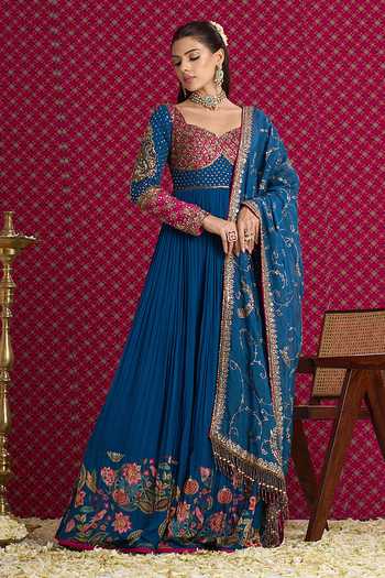 Aayushi Maniar Blue Silk, Organza, Georgette Sweetheart Neck Vasanti Anarkali Jacket Set at Aza Fashions Aayushi Maniar_Blue Silk, Organza, Georgette Sweetheart Neck Vasanti Anarkali Jacket Set _at_Aza_Fashions