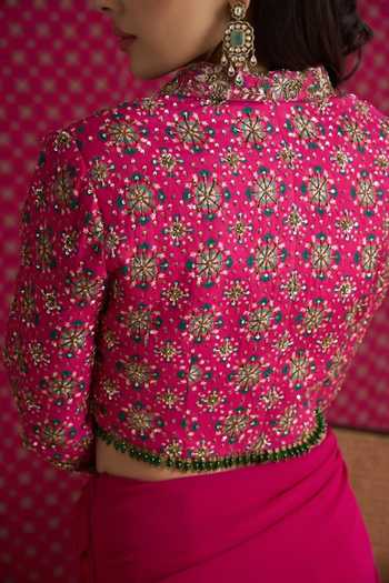 Aayushi Maniar Pink Georgette, Silk Collared Neck Ketki Draped Skirt With Jacket Online at Aza Fashions Aayushi Maniar_Pink Georgette, Silk Collared Neck Ketki Draped Skirt With Jacket _Online_at_Aza_Fashions
