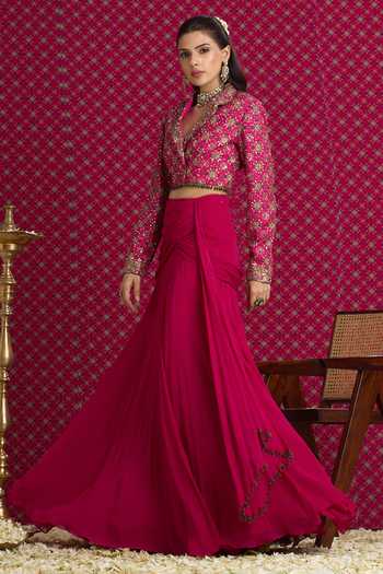 Buy Aayushi Maniar Pink Georgette, Silk Collared Neck Ketki Draped Skirt With Jacket Online at Aza Fashions Buy_Aayushi Maniar_Pink Georgette, Silk Collared Neck Ketki Draped Skirt With Jacket _Online_at_Aza_Fashions