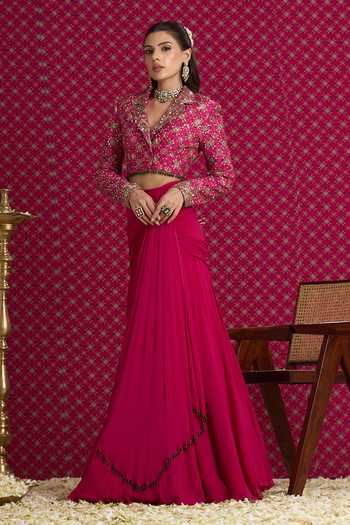 Shop Aayushi Maniar Pink Georgette, Silk Collared Neck Ketki Draped Skirt With Jacket Online at Aza Fashions Shop_Aayushi Maniar_Pink Georgette, Silk Collared Neck Ketki Draped Skirt With Jacket _Online_at_Aza_Fashions