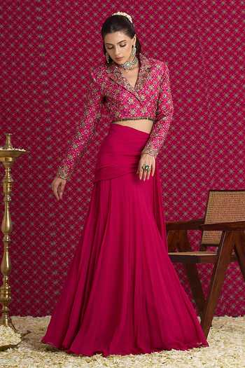 Aayushi Maniar Pink Georgette, Silk Collared Neck Ketki Draped Skirt With Jacket at Aza Fashions Aayushi Maniar_Pink Georgette, Silk Collared Neck Ketki Draped Skirt With Jacket _at_Aza_Fashions