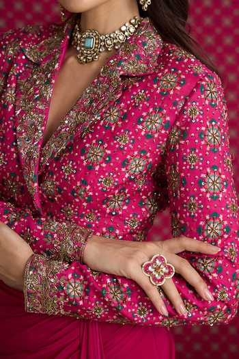 Buy Aayushi Maniar Pink Georgette, Silk Collared Neck Ketki Draped Skirt With Jacket Buy_Aayushi Maniar_Pink Georgette, Silk Collared Neck Ketki Draped Skirt With Jacket