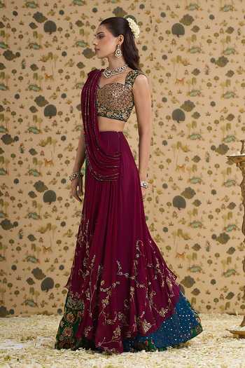 Buy Aayushi Maniar Multi Color Georgette, Silk Sweetheart Chitravali Pre-draped Saree With Blouse Buy_Aayushi Maniar_Multi Color Georgette, Silk Sweetheart Chitravali Pre-draped Saree With Blouse
