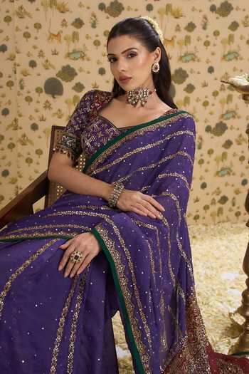 Buy Aayushi Maniar Purple Organza, Silk Square Neck Raw Blouse And Saree Set Online at Aza Fashions Buy_Aayushi Maniar_Purple Organza, Silk Square Neck Raw Blouse And Saree Set _Online_at_Aza_Fashions