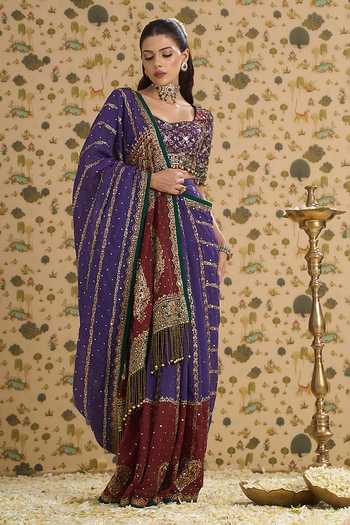 Shop Aayushi Maniar Purple Organza, Silk Square Neck Raw Blouse And Saree Set Shop_Aayushi Maniar_Purple Organza, Silk Square Neck Raw Blouse And Saree Set