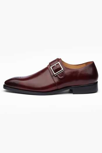 Shop_Dapper Shoes_Burgundy Medallion Single Monkstrap Leather Shoes _Online_at_Aza_Fashions