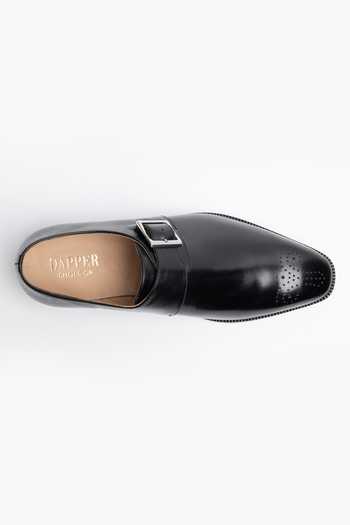Shop_Dapper Shoes_Black Medallion Single Monkstrap Leather Shoes _Online_at_Aza_Fashions