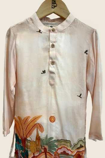 Buy Funny Bones Clothings Peach Silk Savannah Themed Kurta Pyjama Set Online at Aza Fashions Buy_Funny Bones Clothings_Peach Silk Savannah Themed Kurta Pyjama Set _Online_at_Aza_Fashions