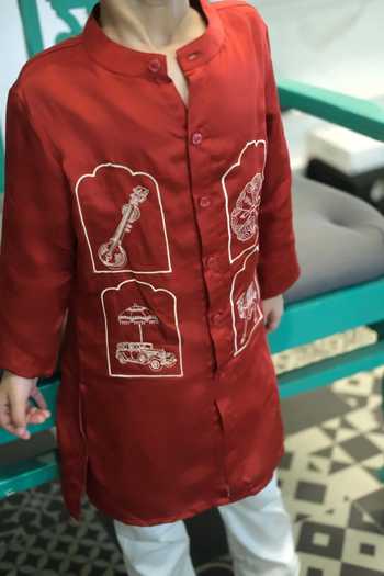 Funny Bones Clothings Red Silk Raag Kurta Pyjama Set Online at Aza Fashions Funny Bones Clothings_Red Silk Raag Kurta Pyjama Set _Online_at_Aza_Fashions