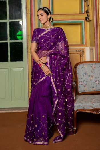 Geroo Jaipur_Purple Silk, Cotton Gota Patti Embroidered Saree With Blouse _Online_at_Aza_Fashions