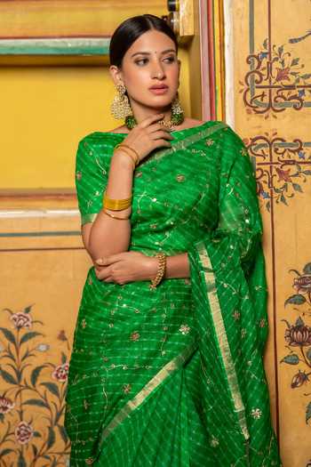 Shop_Geroo Jaipur_Green Silk Round Neck Hand Embroidered Saree With Blouse _Online_at_Aza_Fashions