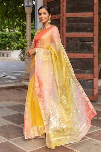 Shop_Geroo Jaipur_Pink Silk, Cotton Round Neck Sequin Motif Saree With Blouse _Online_at_Aza_Fashions