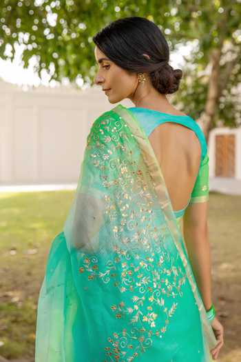 Buy Geroo Jaipur Green Silk, Cotton Round Neck Shaded Embroidered Saree With Blouse Online at Aza Fashions Buy_Geroo Jaipur_Green Silk, Cotton Round Neck Shaded Embroidered Saree With Blouse _Online_at_Aza_Fashions