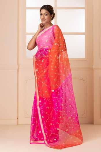 Geroo Jaipur_Pink Silk, Cotton Round Neck Bandhani Pattern Saree With Blouse _Online_at_Aza_Fashions