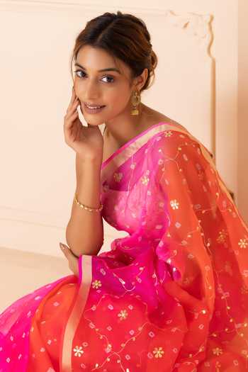 Shop_Geroo Jaipur_Pink Silk, Cotton Round Neck Bandhani Pattern Saree With Blouse _Online_at_Aza_Fashions