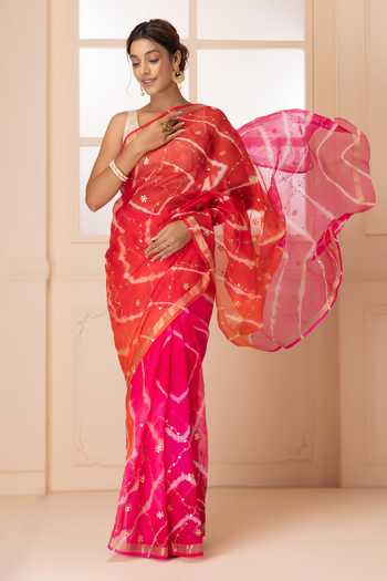 Geroo Jaipur Pink Silk Round Neck Tie Dye Pattern Saree With Blouse Online at Aza Fashions Geroo Jaipur_Pink Silk Round Neck Tie Dye Pattern Saree With Blouse _Online_at_Aza_Fashions