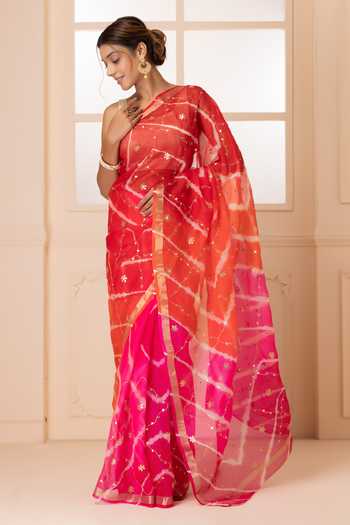 Buy Geroo Jaipur Pink Silk Round Neck Tie Dye Pattern Saree With Blouse Online at Aza Fashions Buy_Geroo Jaipur_Pink Silk Round Neck Tie Dye Pattern Saree With Blouse _Online_at_Aza_Fashions
