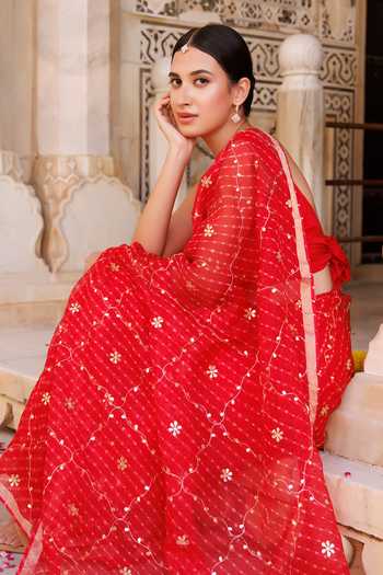Geroo Jaipur_Red Silk, Cotton Round Neck Checkered Pattern Saree With Blouse _at_Aza_Fashions
