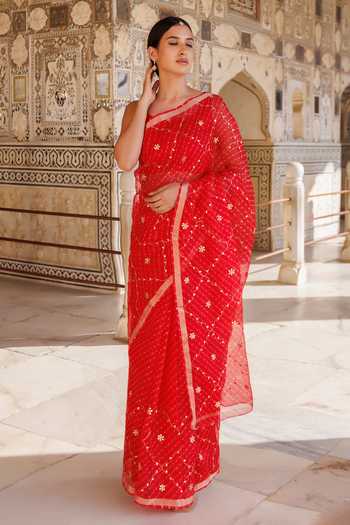 Buy_Geroo Jaipur_Red Silk, Cotton Round Neck Checkered Pattern Saree With Blouse 