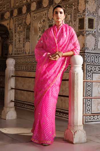 Buy_Geroo Jaipur_Pink Silk, Cotton Mothra Pattern Saree With Blouse _Online_at_Aza_Fashions