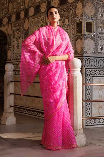 Shop_Geroo Jaipur_Pink Silk, Cotton Mothra Pattern Saree With Blouse _Online_at_Aza_Fashions