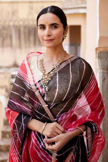 Shop Geroo Jaipur Black Silk Round Neck Leheriya Stripe Pattern Saree With Blouse Online at Aza Fashions Shop_Geroo Jaipur_Black Silk Round Neck Leheriya Stripe Pattern Saree With Blouse _Online_at_Aza_Fashions
