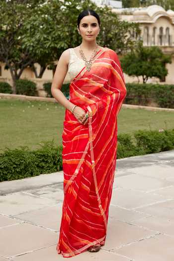 Geroo Jaipur Leheriya Saree With Embroidered Blouse 