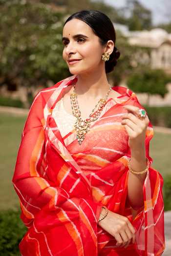 Shop_Geroo Jaipur_Red Silk Round Neck Leheriya Saree With Embroidered Blouse _Online_at_Aza_Fashions