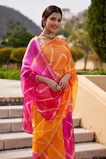 Geroo Jaipur Multi Color Silk Round Neck Hand Dyed Saree With Blouse Online at Aza Fashions Geroo Jaipur_Multi Color Silk Round Neck Hand Dyed Saree With Blouse _Online_at_Aza_Fashions