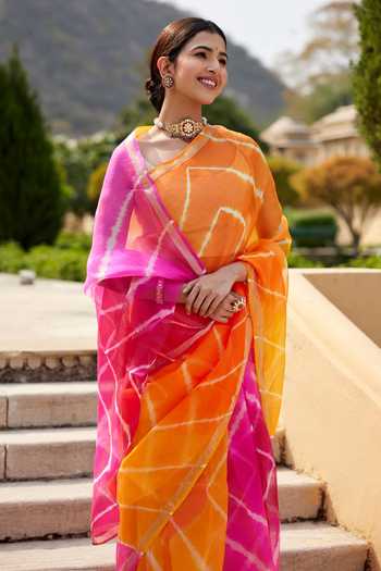 Buy Geroo Jaipur Multi Color Silk Round Neck Hand Dyed Saree With Blouse Online at Aza Fashions Buy_Geroo Jaipur_Multi Color Silk Round Neck Hand Dyed Saree With Blouse _Online_at_Aza_Fashions