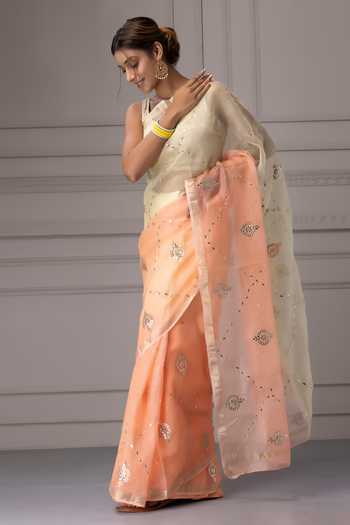 Geroo Jaipur Peach Silk Embroidered Saree With Blouse Online at Aza Fashions Geroo Jaipur_Peach Silk Embroidered Saree With Blouse _Online_at_Aza_Fashions