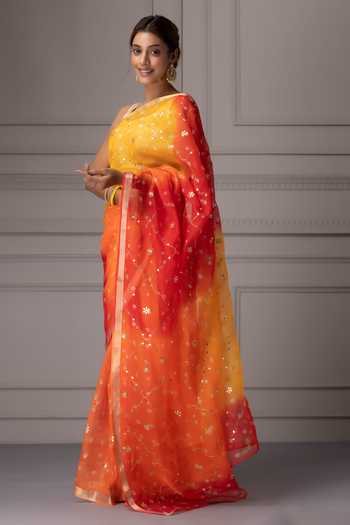 Geroo Jaipur Yellow Silk, Cotton Round Neck Ombre Embroidered Saree With Blouse Online at Aza Fashions Geroo Jaipur_Yellow Silk, Cotton Round Neck Ombre Embroidered Saree With Blouse _Online_at_Aza_Fashions