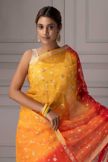 Buy Geroo Jaipur Yellow Silk, Cotton Round Neck Ombre Embroidered Saree With Blouse Online at Aza Fashions Buy_Geroo Jaipur_Yellow Silk, Cotton Round Neck Ombre Embroidered Saree With Blouse _Online_at_Aza_Fashions