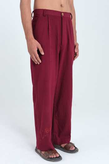 Jodi_Burgundy Cotton Kuhu Plain Trouser _Online_at_Aza_Fashions
