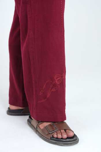 Buy_Jodi_Burgundy Cotton Kuhu Plain Trouser _Online_at_Aza_Fashions