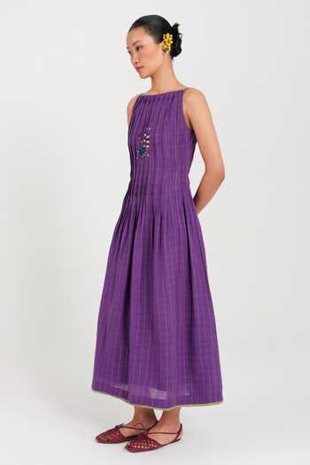 Jodi Purple Cotton Boat Neck Drift Handloom Pleated Dress Online at Aza Fashions Jodi_Purple Cotton Boat Neck Drift Handloom Pleated Dress _Online_at_Aza_Fashions