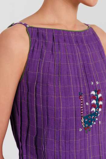 Shop Jodi Purple Cotton Boat Neck Drift Handloom Pleated Dress Online at Aza Fashions Shop_Jodi_Purple Cotton Boat Neck Drift Handloom Pleated Dress _Online_at_Aza_Fashions