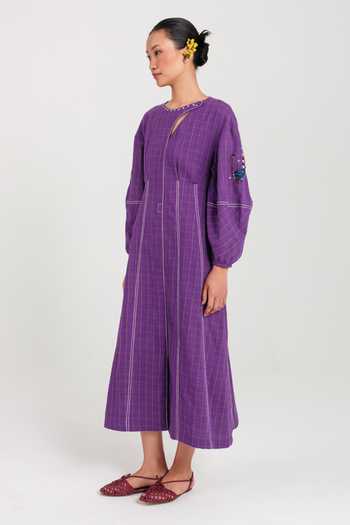 Jodi Purple Cotton Round Neck Drift Handloom Day Dress Online at Aza Fashions Jodi_Purple Cotton Round Neck Drift Handloom Day Dress _Online_at_Aza_Fashions