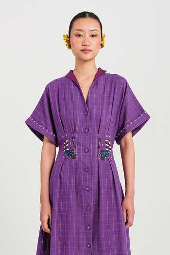 Jodi Purple Cotton Mandarin Collar Drift Handloom Midi Dress Online at Aza Fashions Jodi_Purple Cotton Mandarin Collar Drift Handloom Midi Dress _Online_at_Aza_Fashions