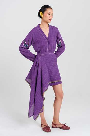 Jodi_Purple , Handloom Embroidery V-neck Drift Dress With Overlay _at_Aza_Fashions